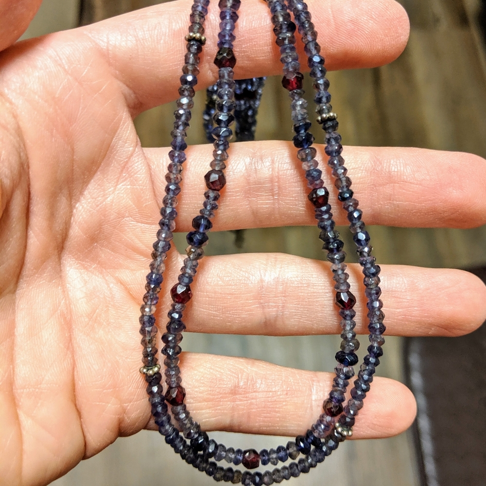 Set of 2 raw gemstone necklaces, iolite and garnet